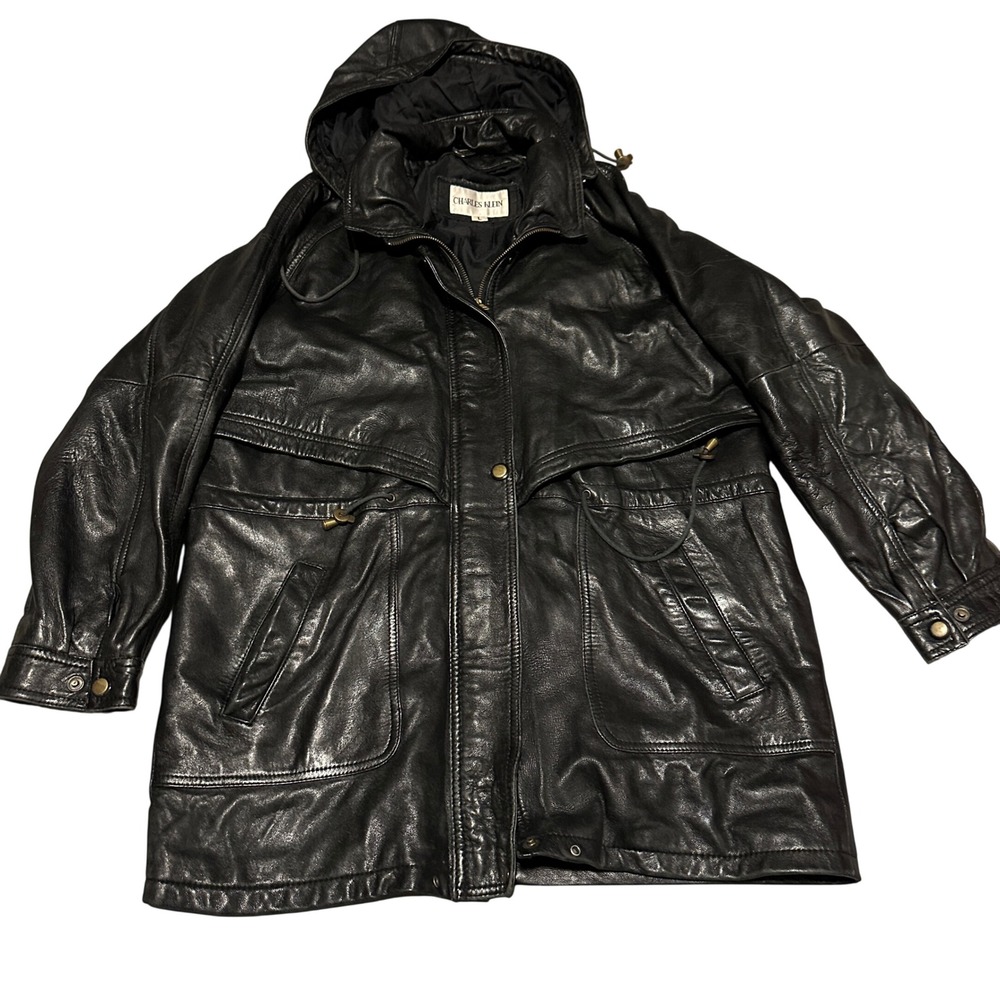 Charles Klein‎ Genuine Leather Hooded Parka Jacket Black L